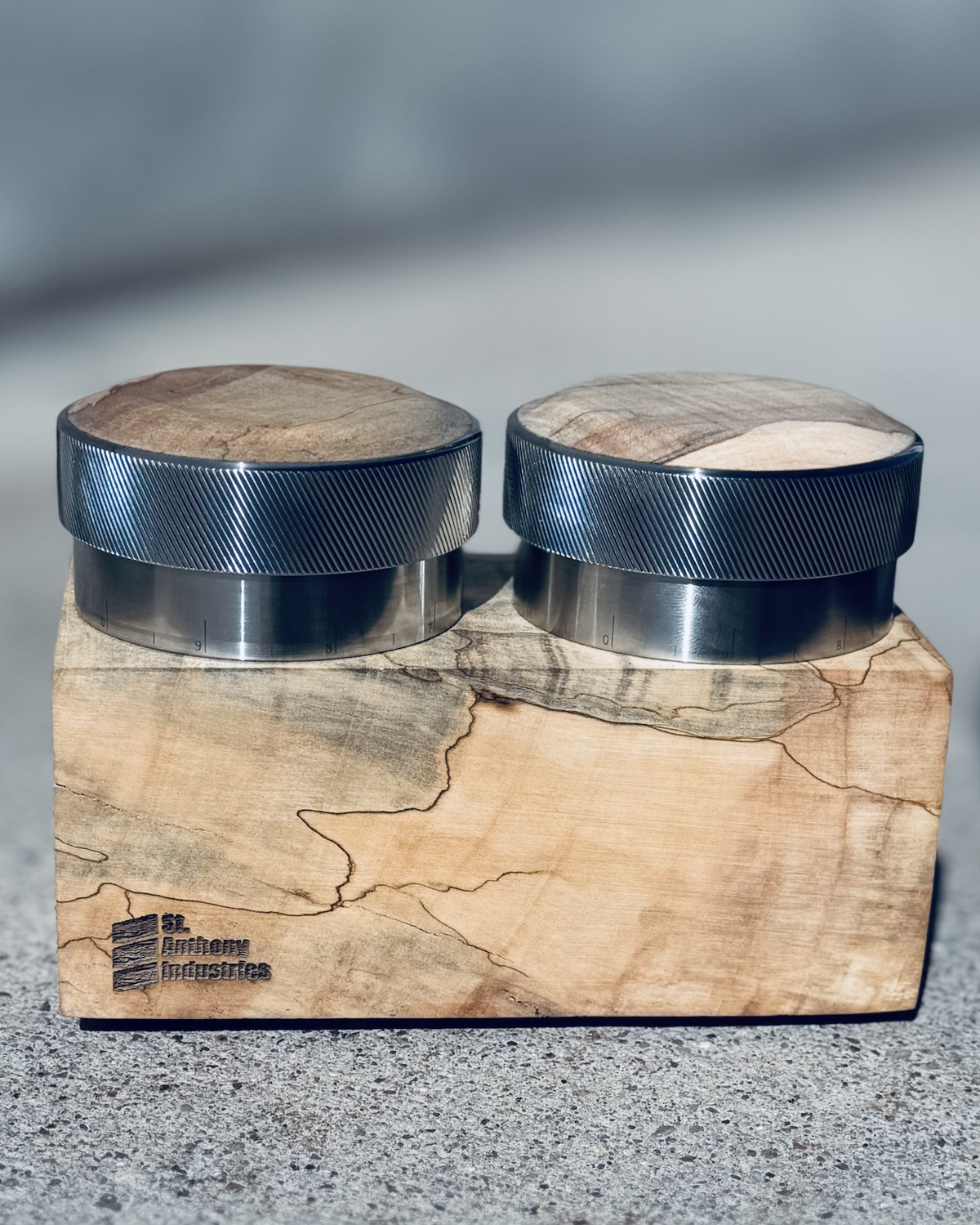 Spalted maple tamper and distribution tool on a spalted maple bloc
